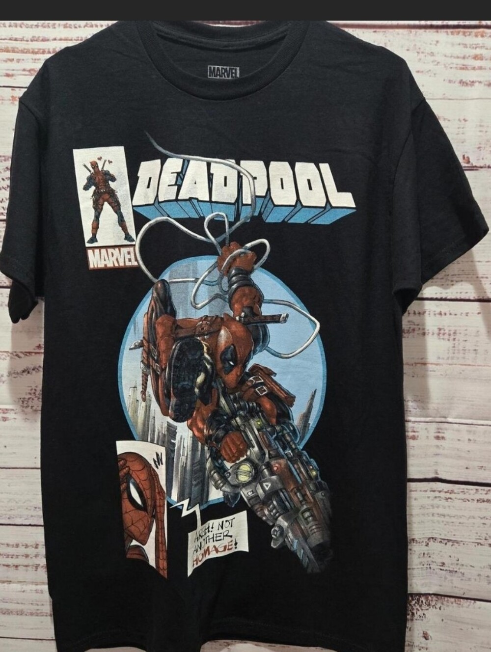 Marvel Deadpool Black Tee with Blue and Red Graphic